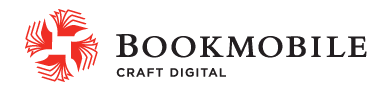Bookmobile logo — four red books in a circle and the word "Bookmobile craft digital"