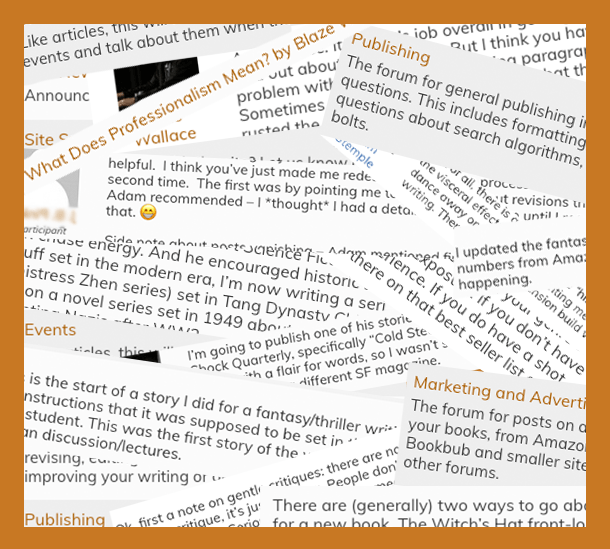 A collage of posts from the Written Well forums.